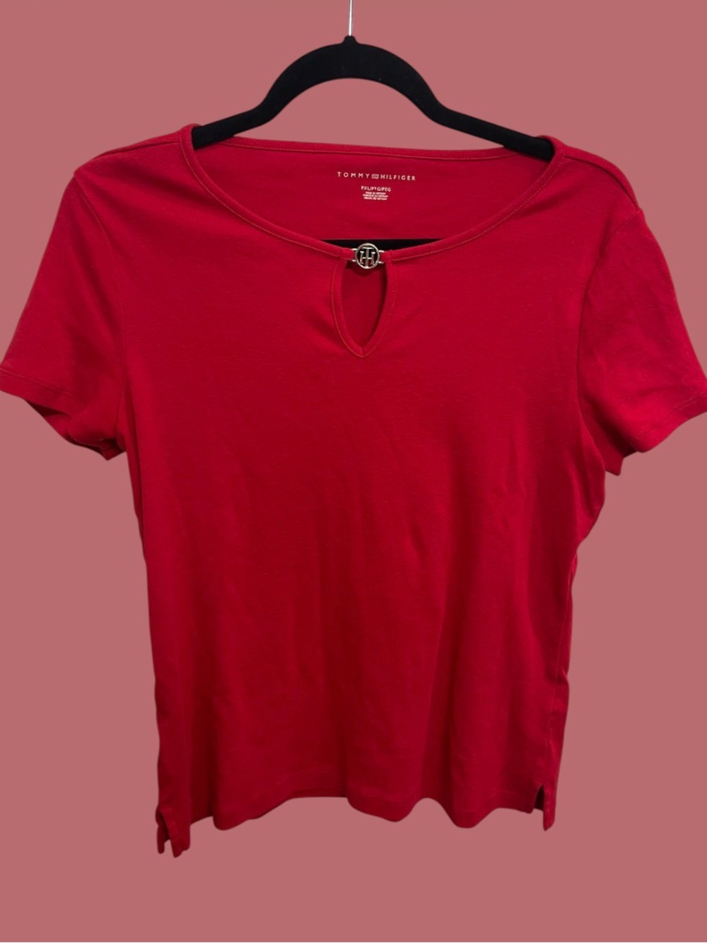 Tommy Hilfiger Red Short Sleeve Tee with Keyhole Accent